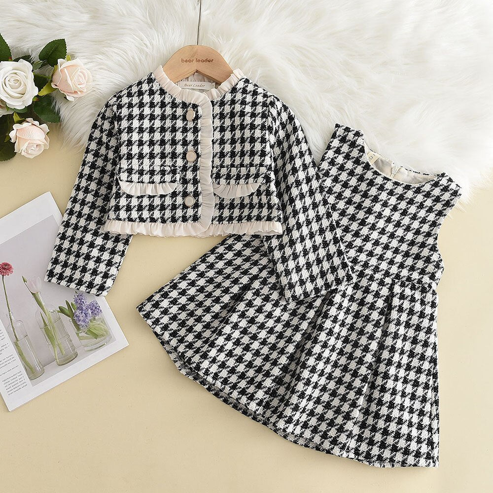Bear Leader Fashion Kids Girls Princess 2pcs Clothes Set Autumn Winter Children Coat Outwear+Skirts Vintage Outfits Suit 2-12Y AX2392black