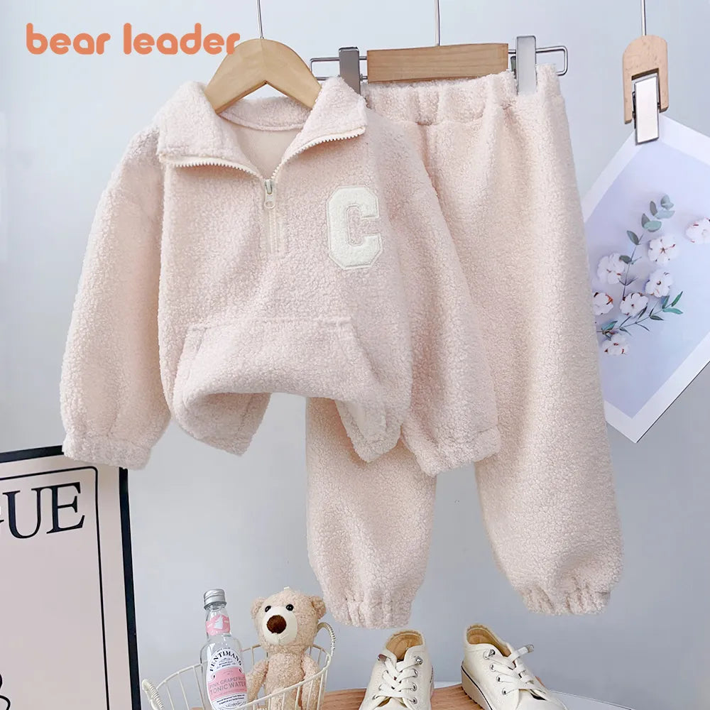 Bear Leader Girls' Set Children's Autumn Lamb Fleece Standing Collar Pullover Top+Pants Two Piece Kids' Fashion Set