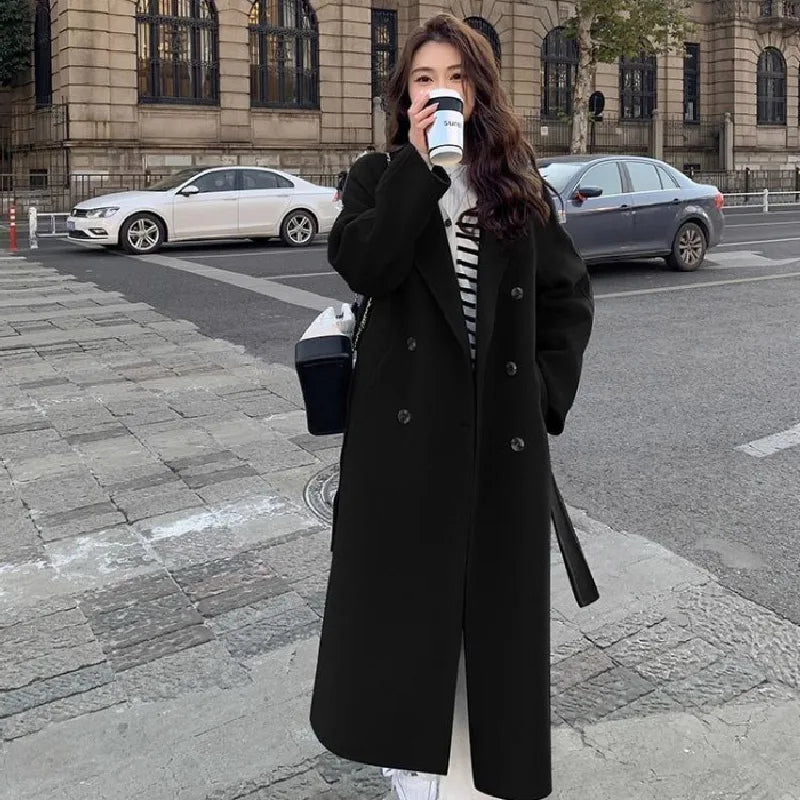 Belt Faux Woolen Coat Women Full Sleeve Double Breasted Notched Female Long Jacket Autumn Fashion Loose Causal Lady Outwear black