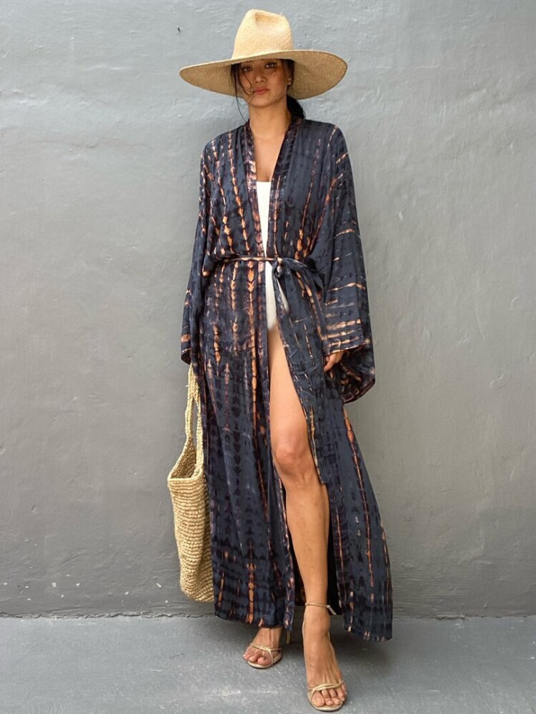 Bikini Cover Up Tie Dye Printed Swimsuit Cape Pareo Bohemian Beach Kimono Dresses Self Belted Bathing Suits Dropshipping