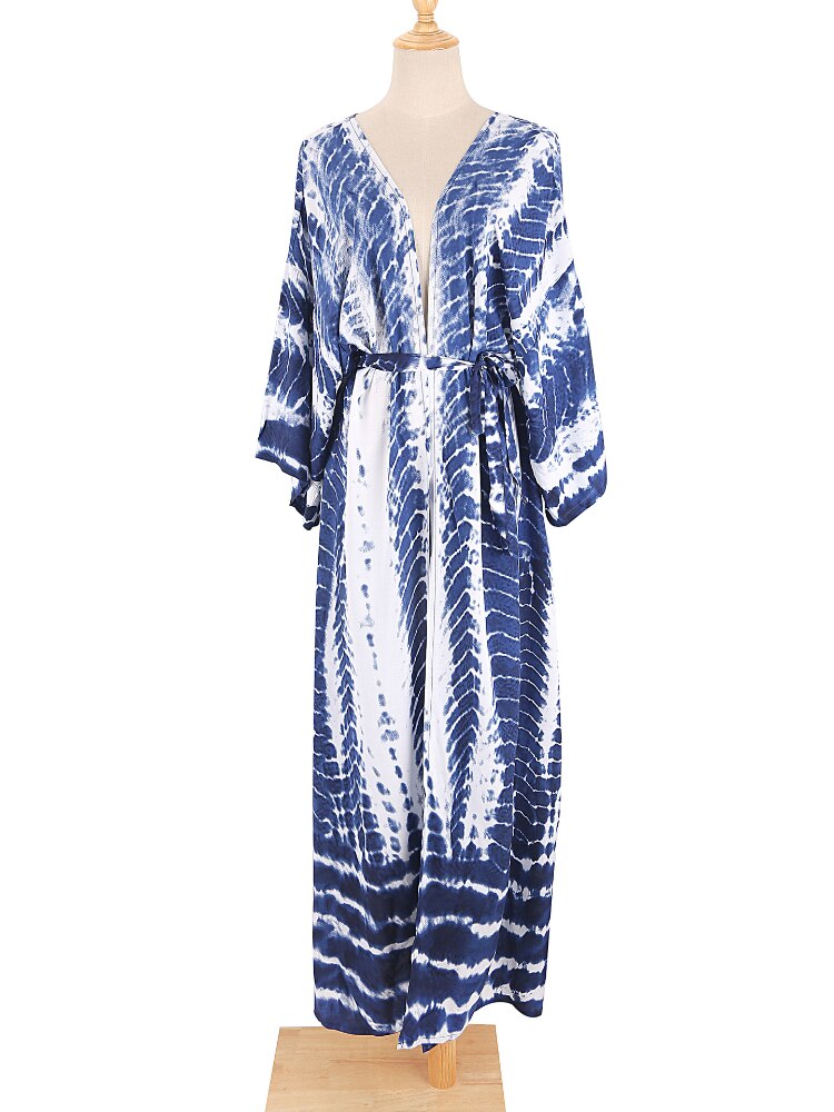 Bikini Cover Up Tie Dye Printed Swimsuit Cape Pareo Bohemian Beach Kimono Dresses Self Belted Bathing Suits Dropshipping 1 One Size