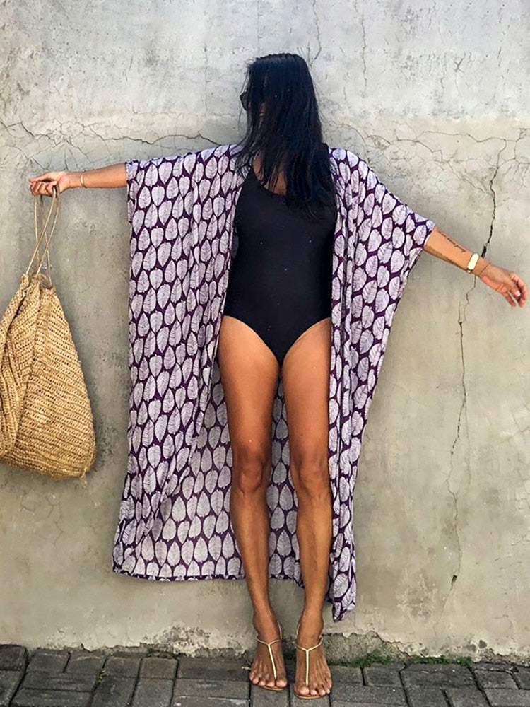 Bikini Cover-ups Beach Pareo Stripes Purple leaf One Size