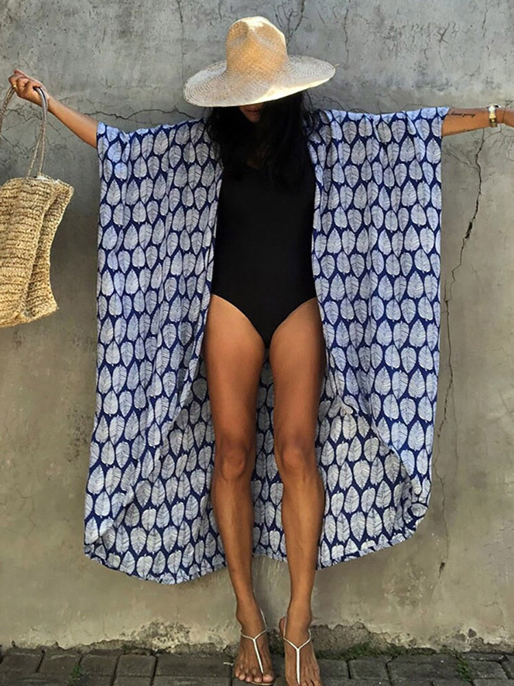 Bikini Cover-ups Beach Pareo Stripes Royal blue leaf One Size