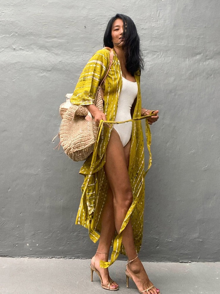 Bikini Cover-ups Beach Pareo Stripes Yellow One Size