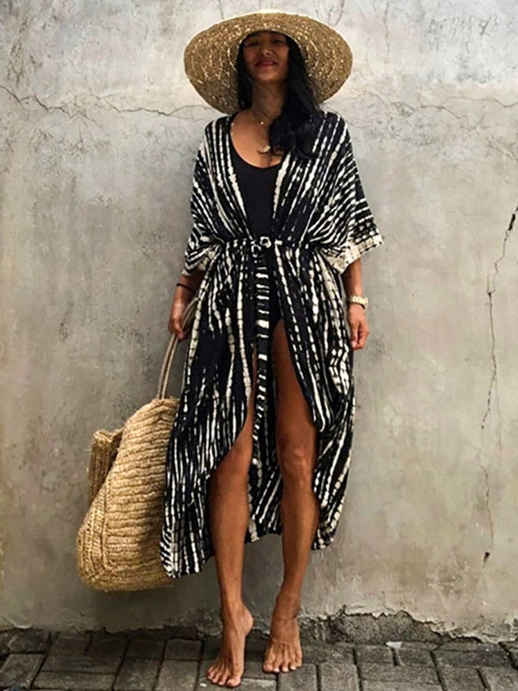 Bikini Cover-ups Beach Pareo Stripes Black white One Size