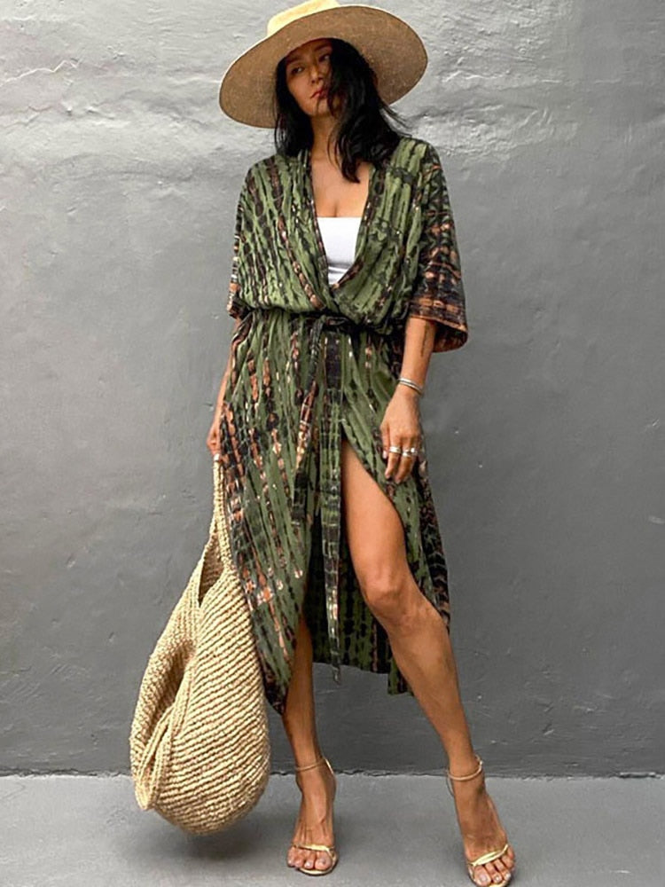 Bikini Cover-ups Beach Pareo Stripes ArmyGreen One Size