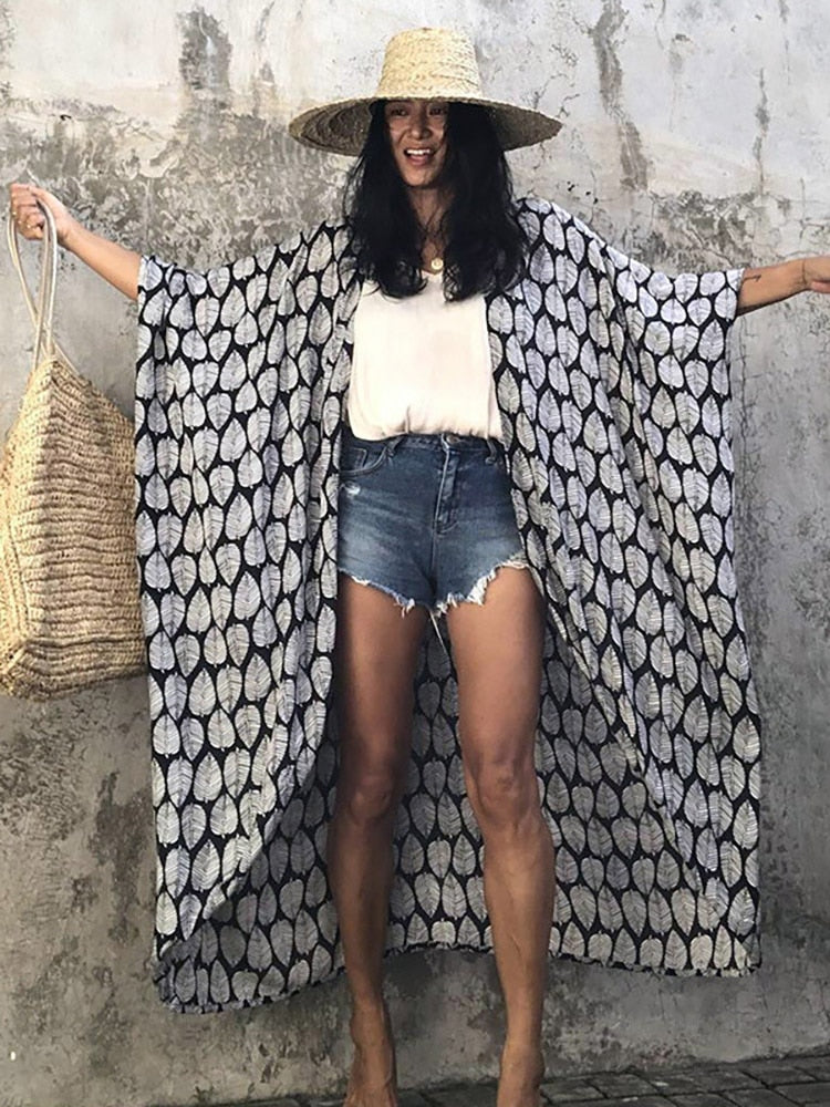 Bikini Cover-ups Beach Pareo Stripes Black leaf One Size