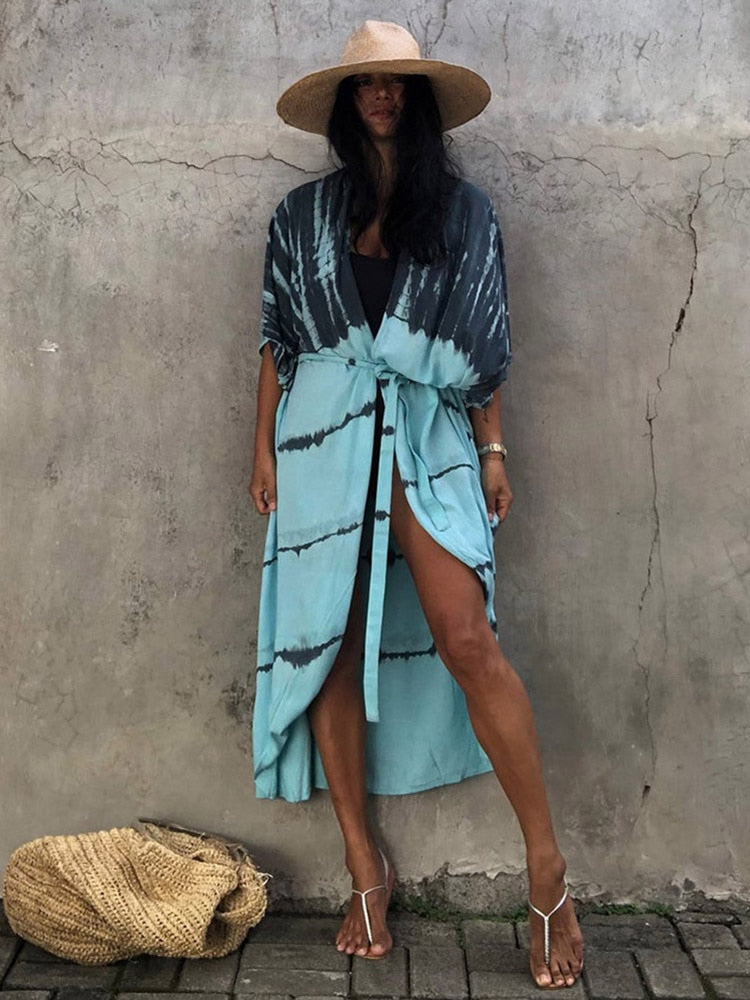 Bikini Cover-ups Beach Pareo Stripes Blue grey One Size