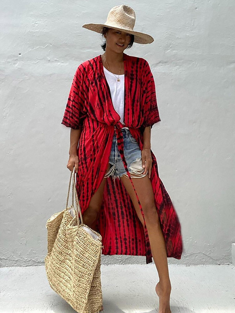 Bikini Cover-ups Beach Pareo Stripes Red One Size