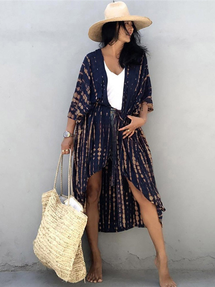 Bikini Cover-ups Beach Pareo Stripes Navy blue One Size