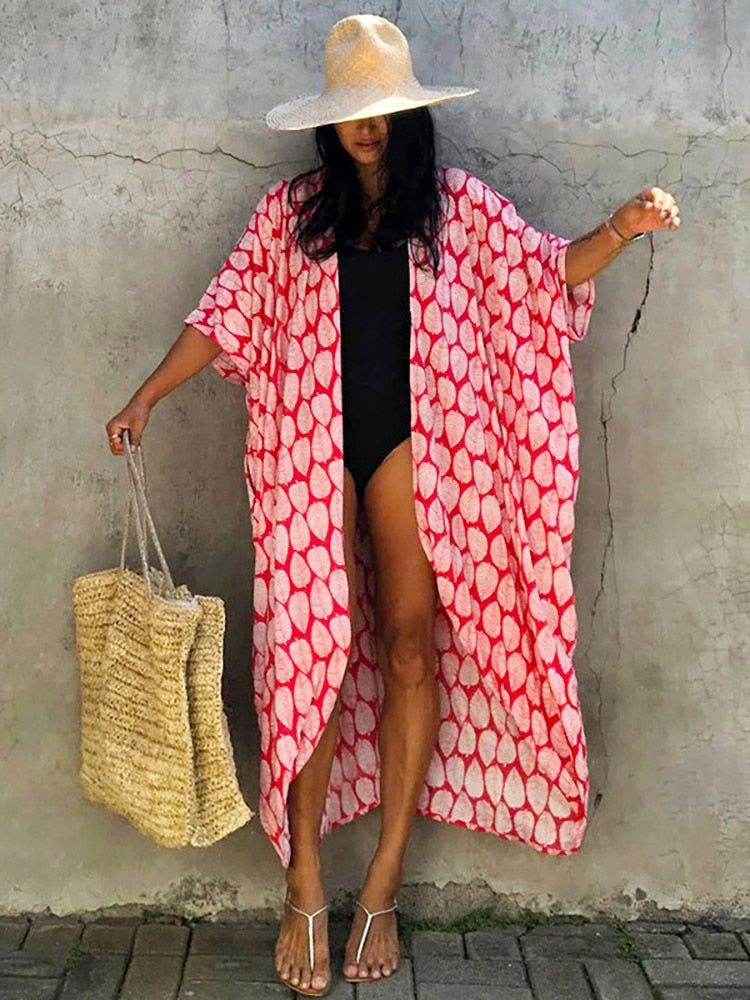 Bikini Cover-ups Beach Pareo Stripes Light red leaf One Size