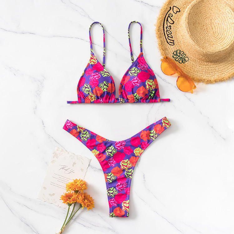 Bikini Piece Set European And American Ins Backless Printed Swimsuit Red