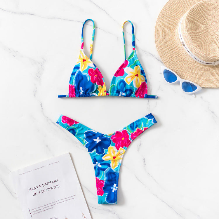 Bikini Piece Set European And American Ins Backless Printed Swimsuit Lake blue