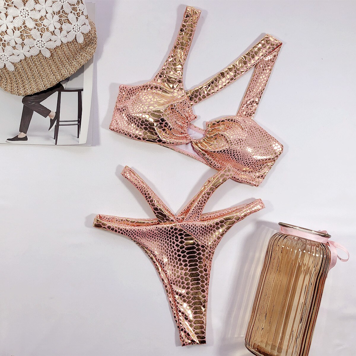 Bikini Sexy Bronzing Snakeskin Hollow Swimwear - Swimsuit Bikinis Set Bathing Suit Beach Bikini Luxe Female Metal Ring Pink