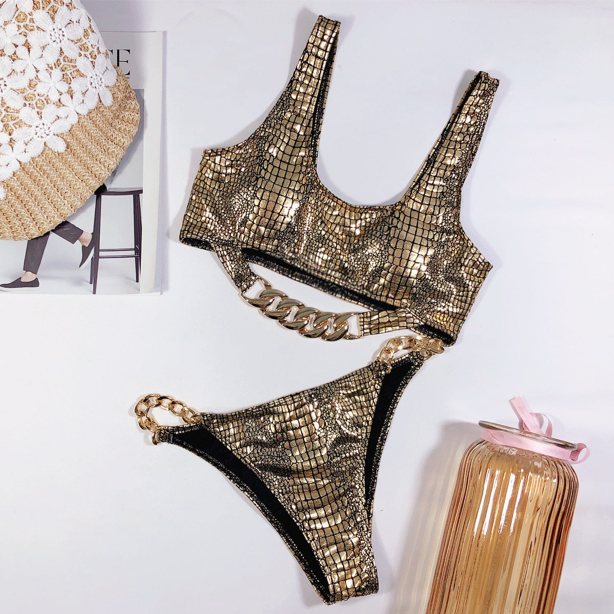 Bikini Sexy Bronzing Snakeskin Metal Chain Swimwear Gold