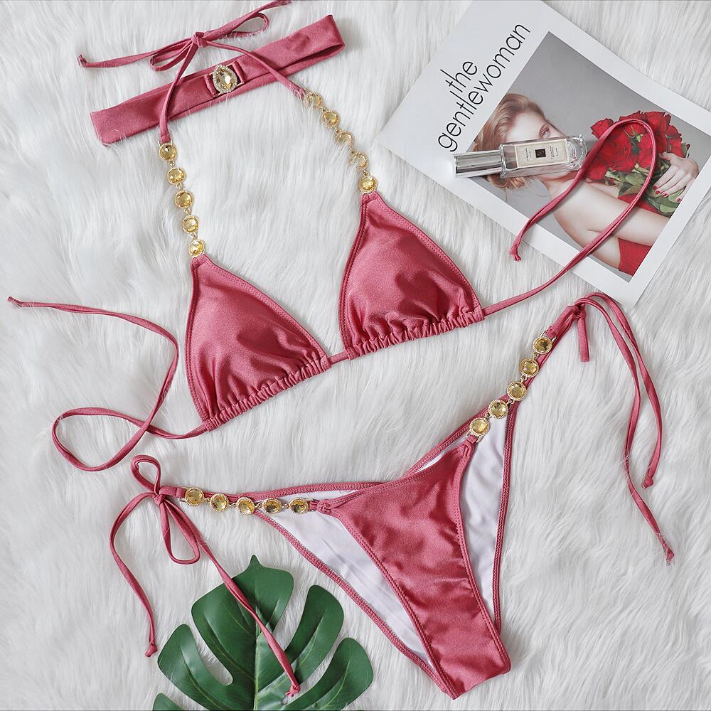 Bikini Sexy Crystal Diamond Chain Solid Vintage Swimwear - Swimsuit Bikinis Set Bathing Suit Bikini Luxe with Headband Claret