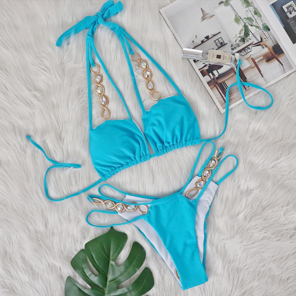 Bikini Sexy Crystal Diamond Hollow High Waist Solid Swimwear - Swimsuit Bikinis Set Bathing Suit Beach Bikini Luxe New Sky Blue