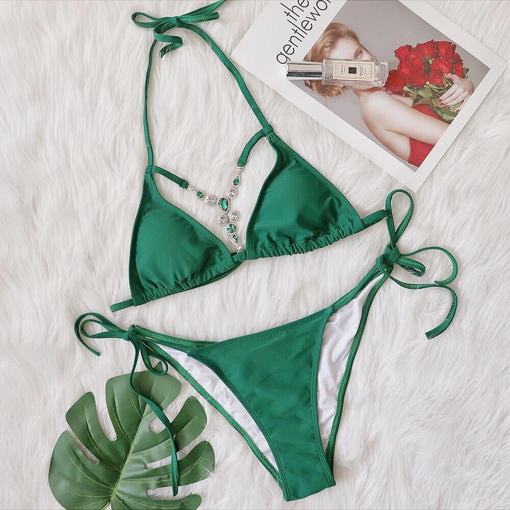 Bikini Sexy Crystal Diamond Hollow Vintage Solid Swimwear Green
