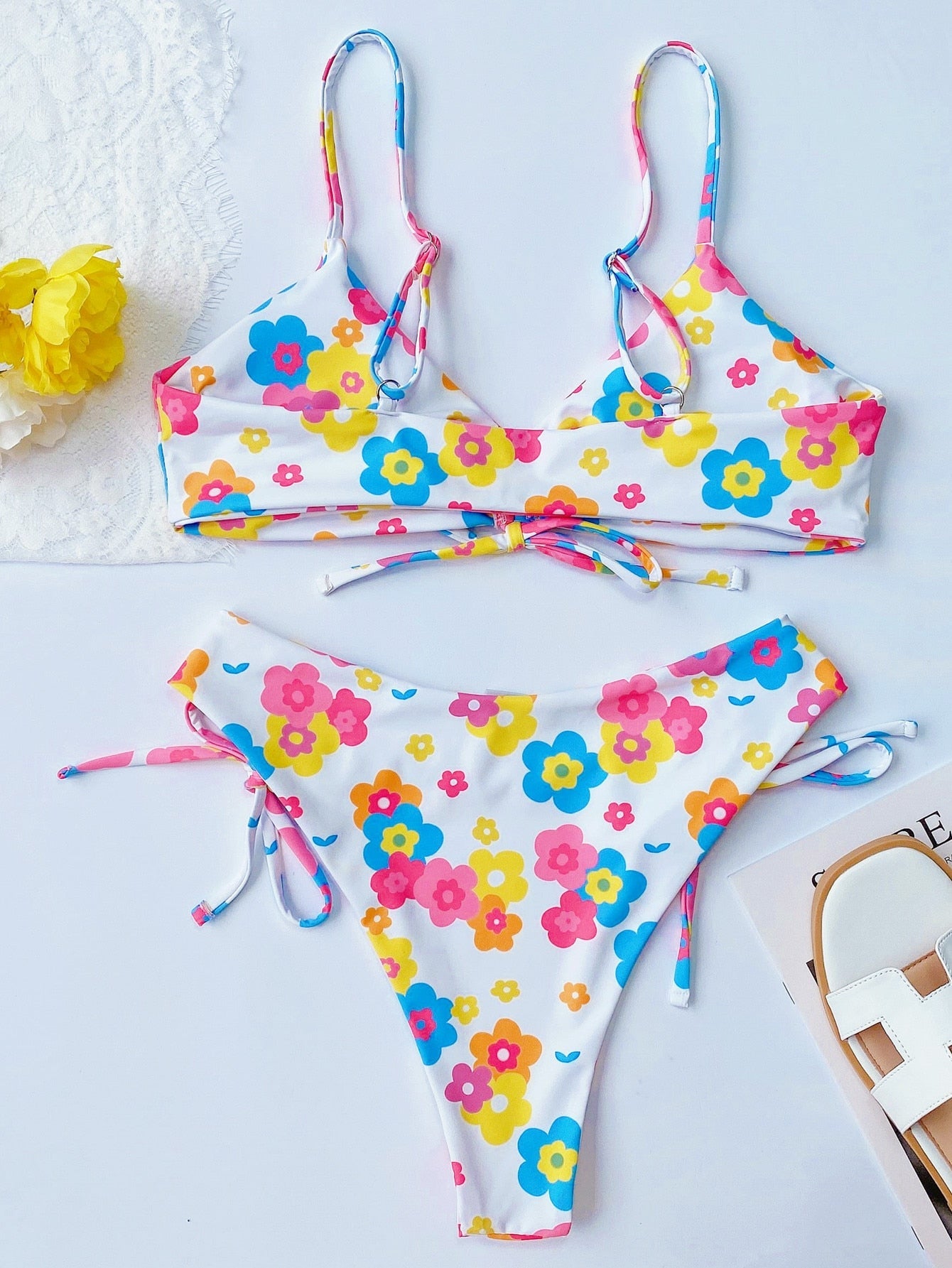 Bikini Sexy Flower Print Drawstring Swimwear Swimsuit - Bikinis Set Bathing Suit Beach Bikini Female Push Up Banadores