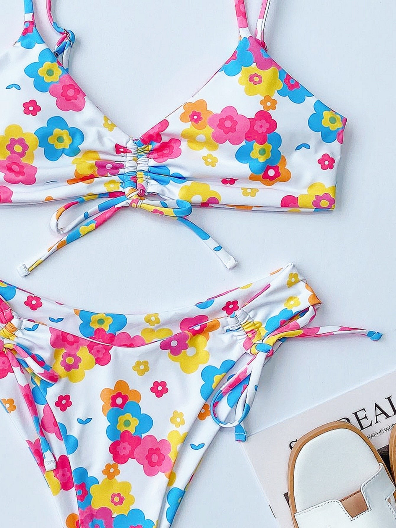 Bikini Sexy Flower Print Drawstring Swimwear Swimsuit - Bikinis Set Bathing Suit Beach Bikini Female Push Up Banadores