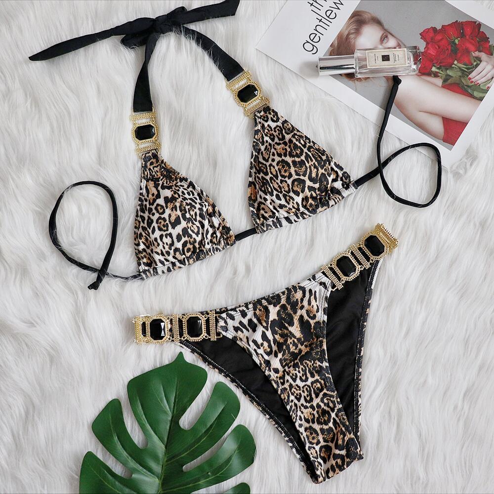 Bikini Sexy Leopard Diamond Chain Swimwear Swimsuit - Halter Bikinis Set Bathing Suit Beach Bikini Luxe Female Push Up Dark Brown