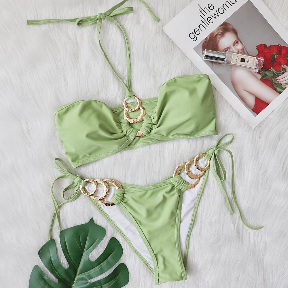 Bikini Sexy Metal Hoop Solid Swimwear Swimsuit - Bikinis Set Bathing Suit Beach Bikini Bandeau Trajes De Bano Mujer Green