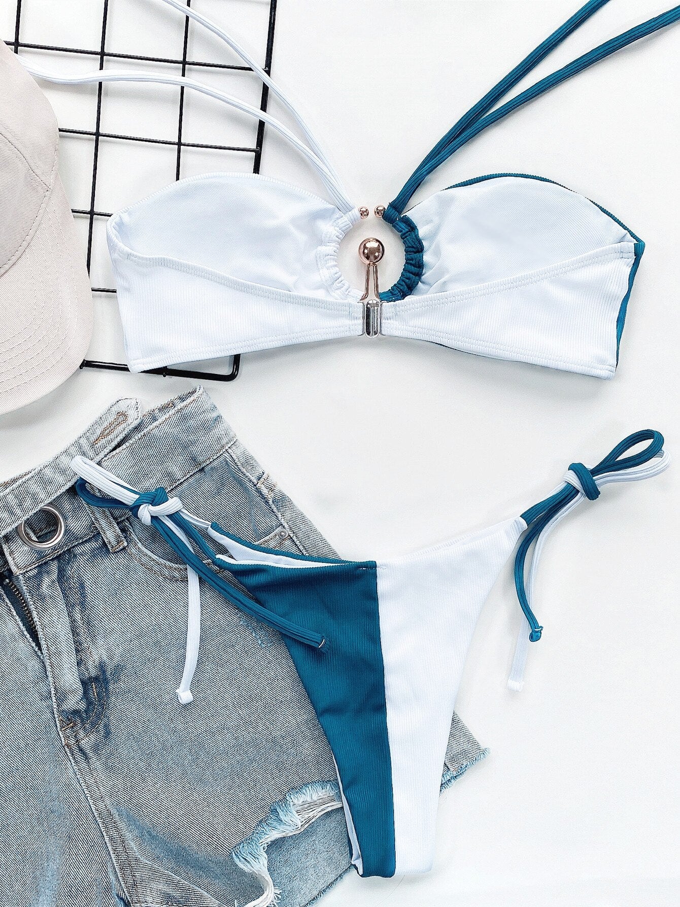 Bikini Sexy Patchwork Metal Ring Double-rope Halter Swimwear - Swimsuit Bikinis Set Bathing Suit Beach Bikini Female