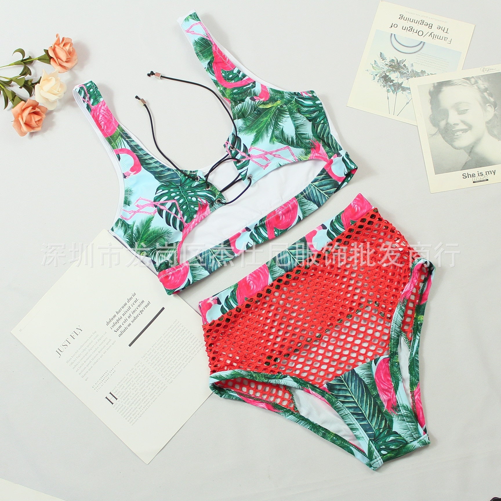 Bikini Sexy Print High Waist Hollow Mesh Swimwear - Swimsuit Bikinis Set Bathing Suit Bikini Brasileno Banadores Mujer Green S