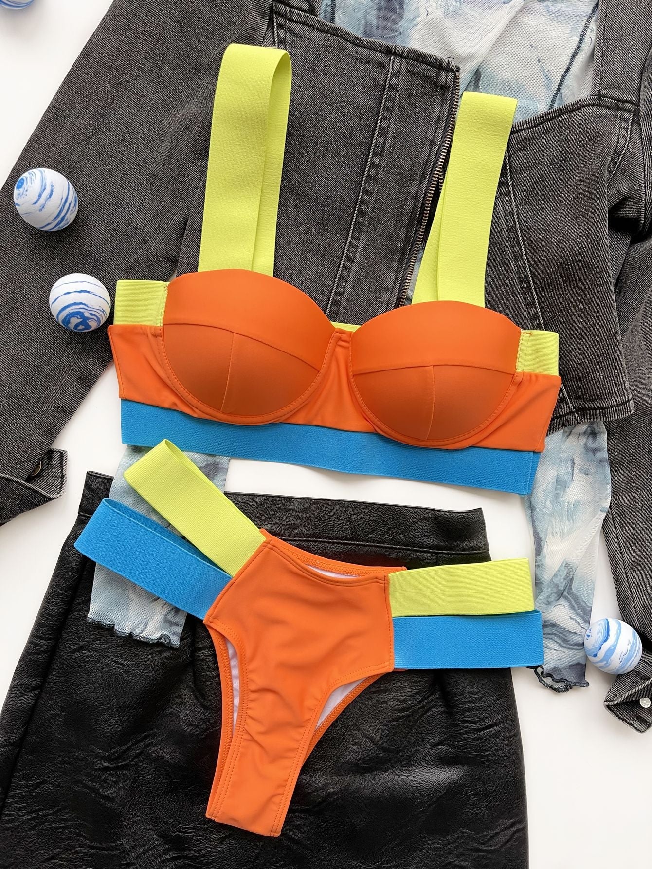 Bikini Sexy Push Up Block Color Patchwork Bandage Swimwear Orange