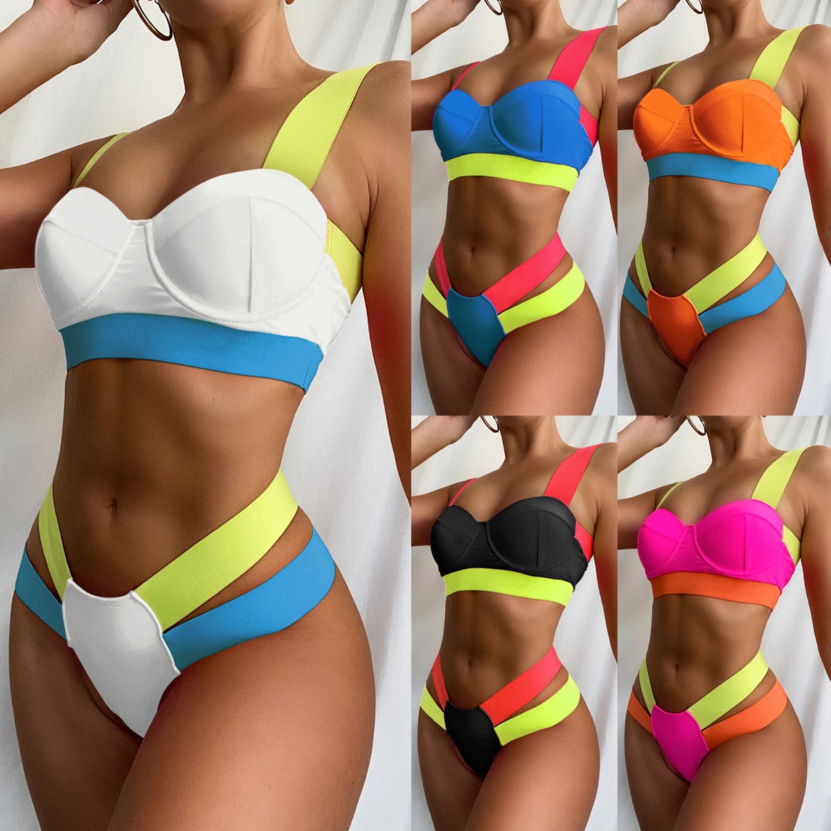 Bikini Sexy Push Up Block Color Patchwork Bandage Swimwear