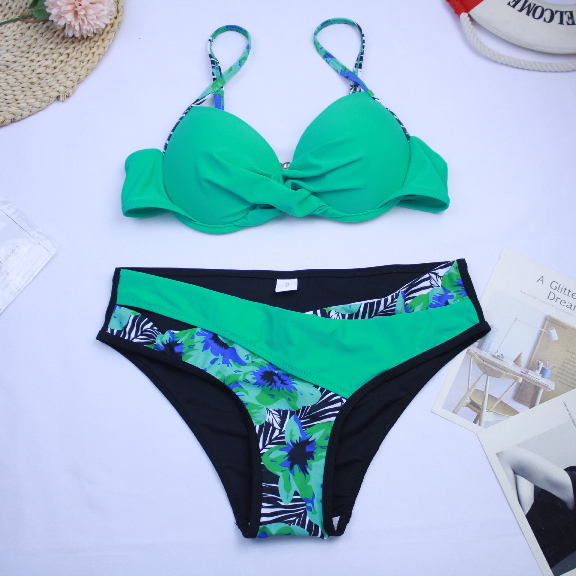 Bikini Sexy Push Up Print Patchwork Swimwear - Bikinis Set Bathing Suit Beach Bikini Female Biquinis Feminino Green