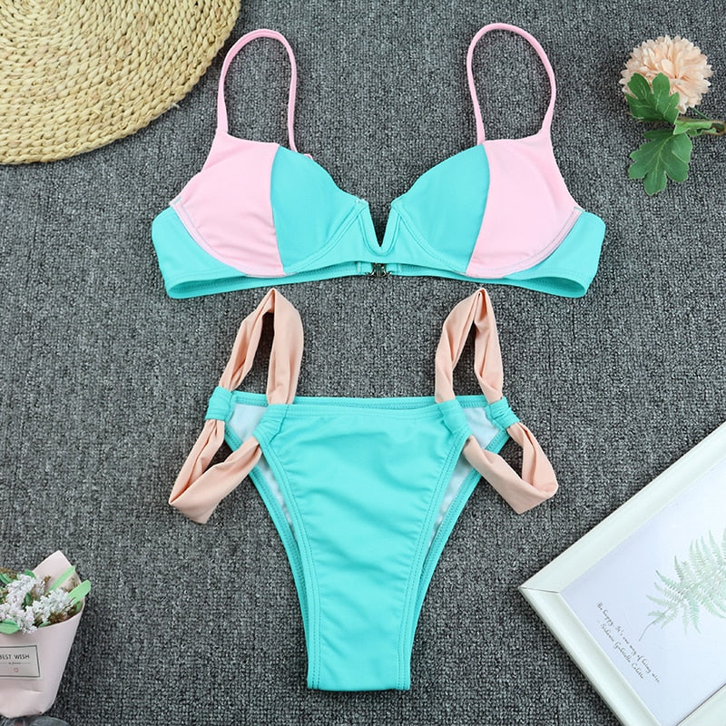 Bikini Sexy Push Up Small V-neck Patchwork Swimwear - Bikinis Set Bathing Suit Beach Bikini Female Banadores