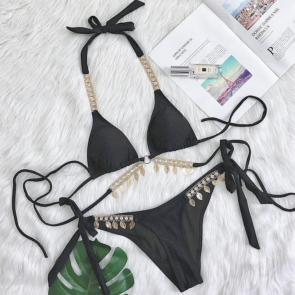 Bikini Sexy Rhinestone Leaf Pendant Metal Chain Solid Swimwear - Swimsuit Bikinis Set Bathing Suit Beach Bikini Female Black