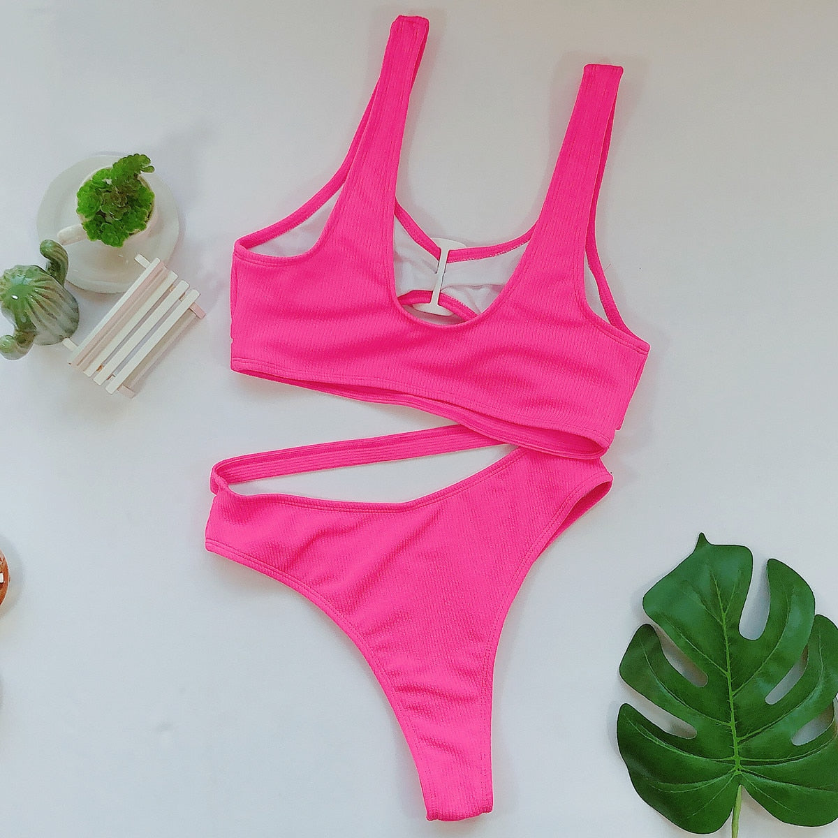 Bikini Sexy Rose Red Hollow High Waist Swimwear - Swimsuit Bikinis Set Bathing Suit Bikini Female Push Up High