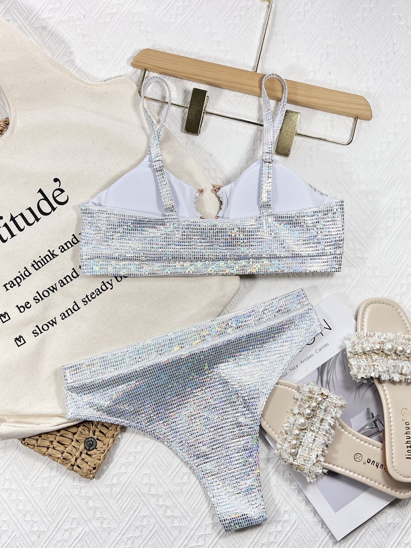 Bikini Sexy Sliver Sequins High Waist Swimwear - Swimsuit Bikinis Set Bathing Suit New Bikini Female Push Up Metal Hoop