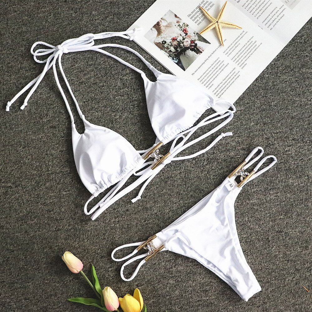 Bikini Sexy Solid Swimwear - Swimsuit Crystal Diamond Double Straps Halter Bikinis Set Bathing Suit Beach Bikini Female White