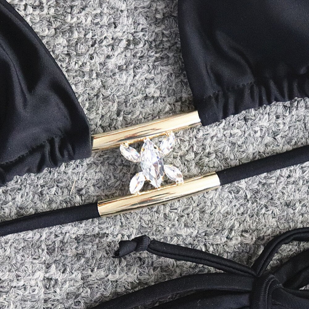 Bikini Sexy Solid Swimwear - Swimsuit Crystal Diamond Double Straps Halter Bikinis Set Bathing Suit Beach Bikini Female