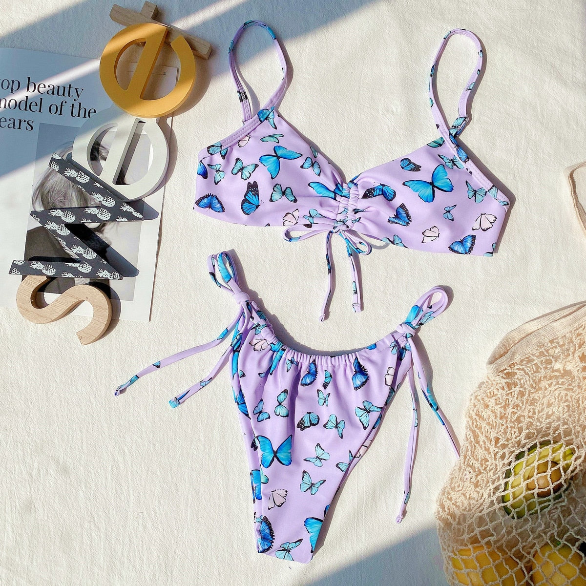 Bikini Sexy Swimwear Swimsuit - Butterfly Print drawstring Knotted Bikinis Set Bathing Suit Beach Bikini Female Push Up Mixed Color