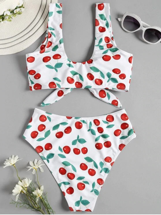 Bikini Split Swimsuit Cherry Print Swimsuit Lace