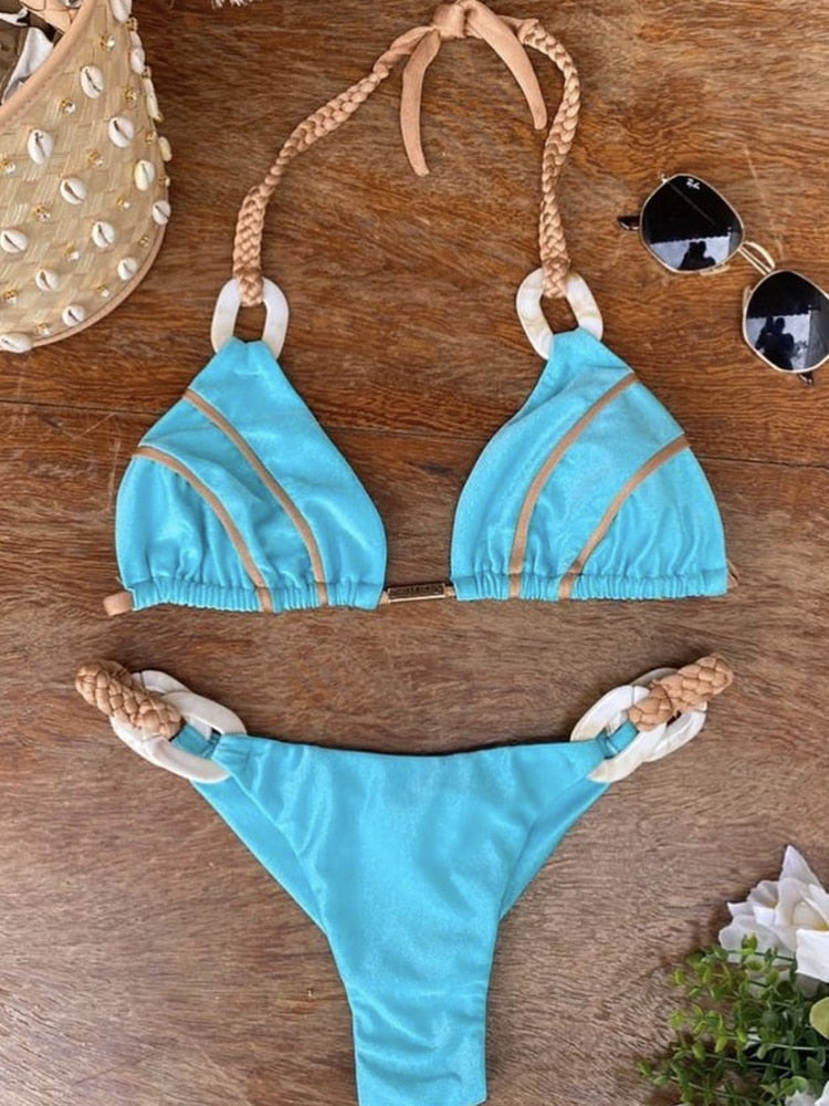 Black Bandeau Bikini Set Swimwear Women Push Up - Biquini Sexy Thong Bikinis Patchwork Swimsuit Backless Bathingsuit Sky blue