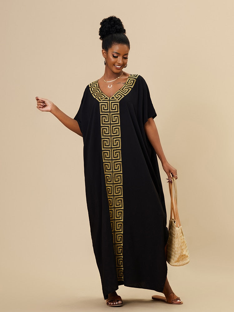Black Caftan Dress for Women Loose Gold Embroider Swimsuit Cover Up Robel Boho Maxi Dress Pareos Tunic for Beach Beachwear