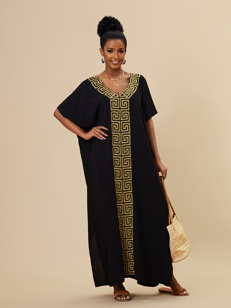 Black Caftan Dress for Women Loose Gold Embroider Swimsuit Cover Up Robel Boho Maxi Dress Pareos Tunic for Beach Beachwear