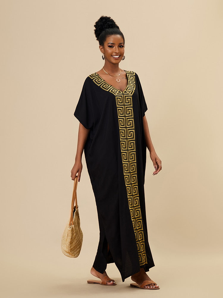 Black Caftan Dress for Women Loose Gold Embroider Swimsuit Cover Up Robel Boho Maxi Dress Pareos Tunic for Beach Beachwear