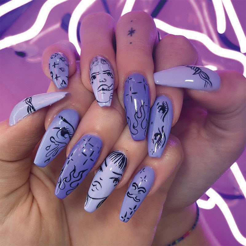 Black Comic Hand Drawn Pattern Wearable Nail Art Glossy Purple Long Ballet Detachable Finished False Nails Press on Nails MT836JP1296