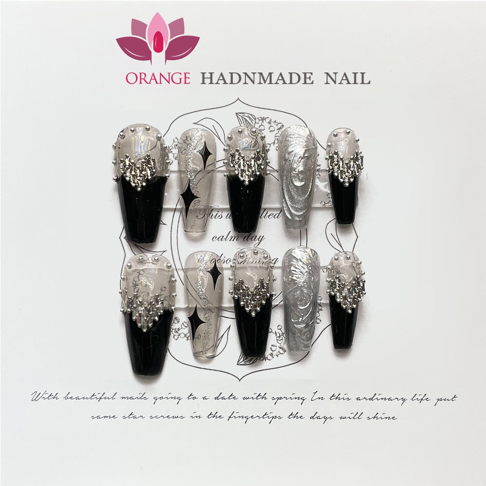 Black Fake Press on Nails Full Cover Ballerina Korean Handmade Manicuree Heart Decoration Nail Art Wearable Artificial Nail Tips