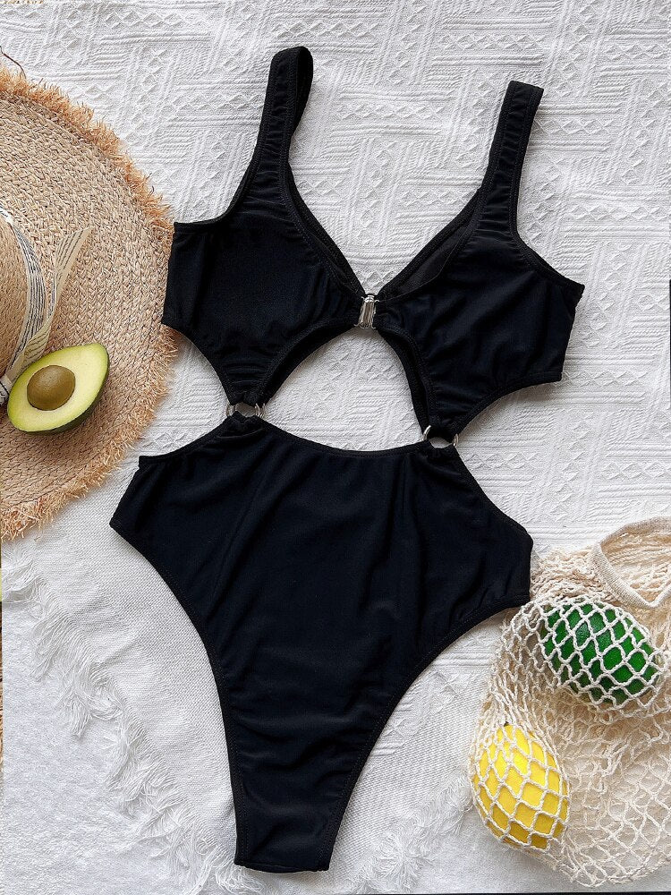 Black Strapped Swimwear - Ring Hollow One Piece Swimsuit Monokini Push UP Bathing Beach Swim Wear