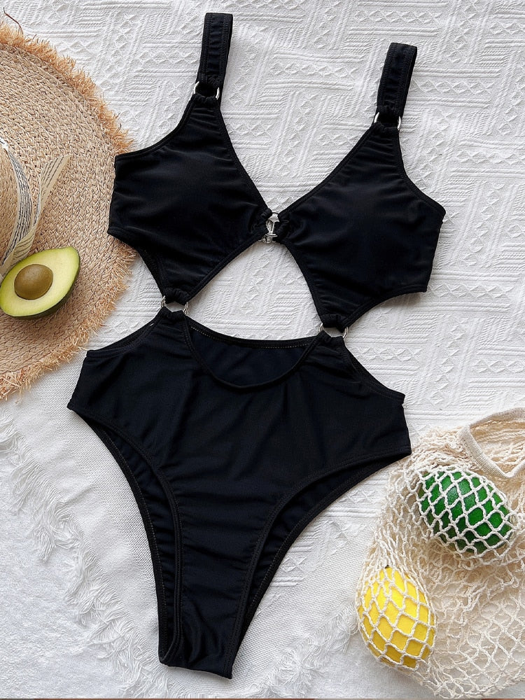 Black Strapped Swimwear - Ring Hollow One Piece Swimsuit Monokini Push UP Bathing Beach Swim Wear