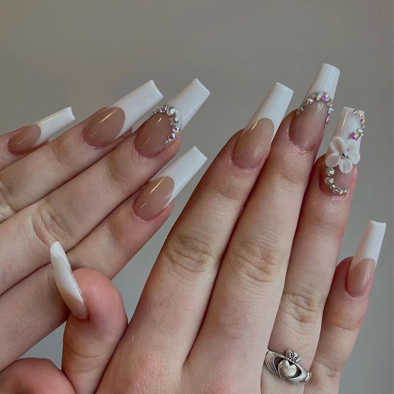 Black White French Stars Rhinestone Wearable Long Ballet Fake Nails Full Cover Finished False Nails Press on Nails with Glue MT1184JP2453