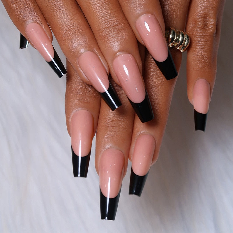 Black White French Stars Rhinestone Wearable Long Ballet Fake Nails Full Cover Finished False Nails Press on Nails with Glue MT1170JP2447