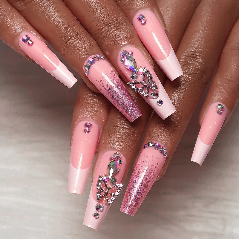Black White French Stars Rhinestone Wearable Long Ballet Fake Nails Full Cover Finished False Nails Press on Nails with Glue MT1192JP2493